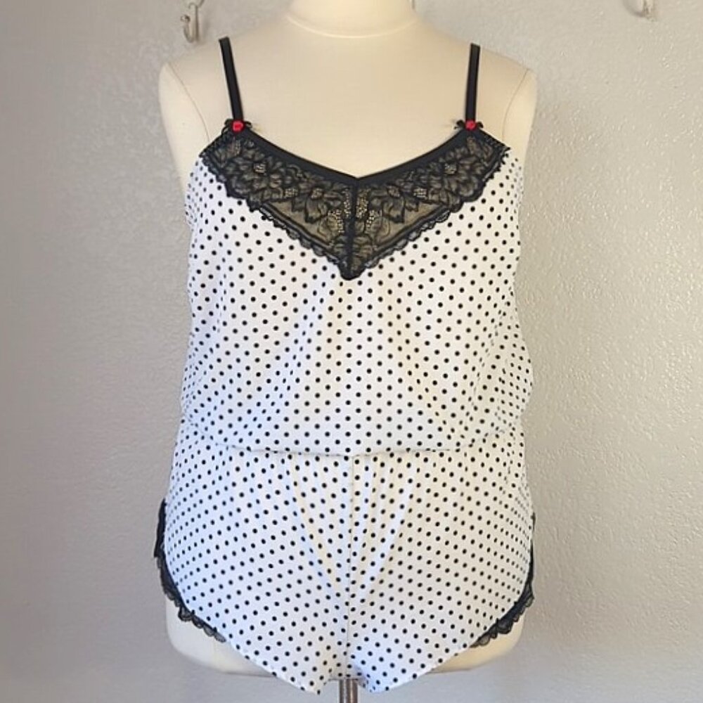 Cacique  18/20/2X  Romper White Black Polka Dots Lace Trim